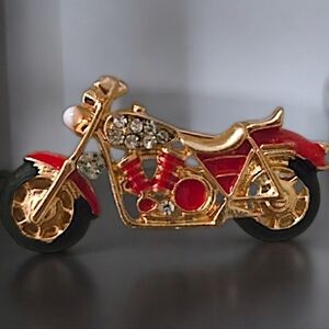 Motorcycle Rhinestone and Enamel Brooch